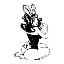Beauty Girl In Rabbit Costume Kneels In A Sexy Pose. Comic Style Vector On Transparent Background