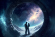 You are my universe, cosmic love in a galaxy, couple standing in a portal opening into the cosmos, eternal true love, romance, illustration, generated art, ai, generative ai