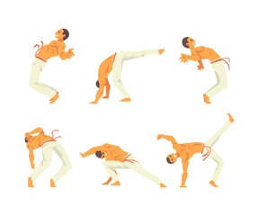 Poster - Young Male in White Pants and Naked Torso Doing Karate or Martial Art Vector Set