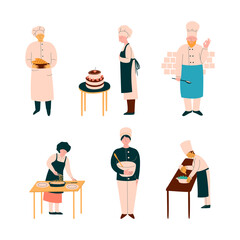 Wall Mural - Chef Character in Apron and Toque Preparing Food at Restaurant Kitchen Vector Set