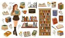 Book Store Elements. Cute Bibliophile Girl With Book In Hands, Student Reads, Brain Workout, Literary Works, Stack Of Vintage Textbook, Bookshelf And Cabinet, Tidy Vector Cartoon Set
