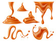 Realistic caramel melted. Liquid drips, drops and puddles, sugar syrup blots and smears, candy sweet mess, dessert topping, delicious confectionery dessert, toffee droplet, utter vector set