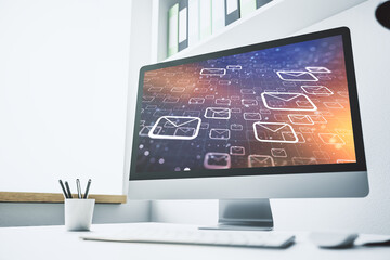 Poster - Creative abstract postal envelopes hologram on modern computer monitor, email and notification concept. 3D Rendering