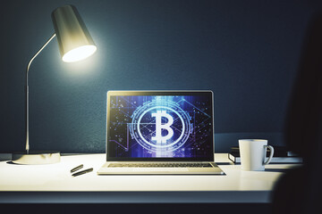 Poster - Modern computer display with creative Bitcoin symbol hologram. Mining and blockchain concept. 3D Rendering