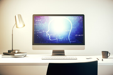 Aufkleber - Creative artificial Intelligence concept with human head sketch on modern computer monitor. 3D Rendering