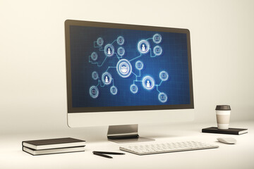 Poster - Modern computer display with social network icons concept. Networking concept. 3D Rendering