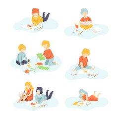 Poster - Creative Boy and Girl Making Applique and Drawing on Paper with Pencils Vector Set