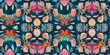 Retro kaleidoscope floral seamless border. Vintage geo gender neutral fashion ribbon for botanical cottagecore banner. Trendy watercolor for splotched flower texture. 