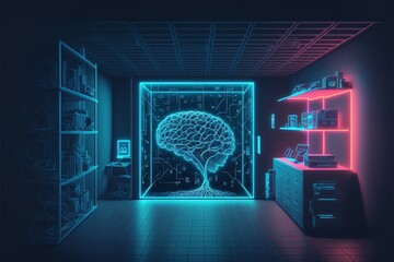 Wall Mural - Dark neon cyber room, office data processing and database control center. Neon Interior Brain Cyber space. AI