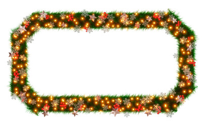 Wall Mural - Beautiful christmas wreath with sparkling　illumination in the shape of beveled rectangle with snowflake and shiny stars and red berries on transparent background (RGBA 3D Rendering PNG)