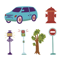 Wall Mural - Car, Lamp, Traffic Light, Tree, Road Sign and Water Hydrant as City Street Element Vector Set