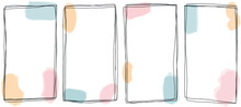 Vertical Vector Templates For 16:9 Stories. Abstract Minimalistic Backgrounds With Colorful Pastel Color Watercolor Blots And Black Thin Line Border. Handdrawn Illustration. Full HD. Brush Stroke.
