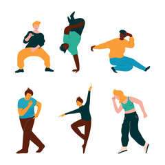 Poster - Positive Young Man and Woman Dancing Moving Hands and Legs to Music Rythm Vector Set