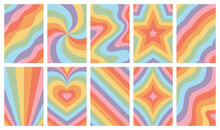 Set Of Retro Psychedelic Rainbow Background Illustration. Vintage 70s Style Abstract Hippie Art Banner Collection With Trendy Colorful Design. Groovy Seventies Print Bundle.