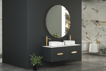 Modern minimalist bathroom interior, modern bathroom cabinet, double sink, interior plants, bathroom accessories, bathtub and toilet, black and marble walls. 3d rendering