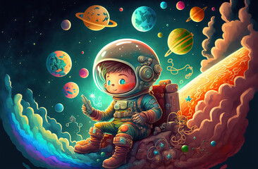 Cartoon kid space explorer. sketch art for artist creativity and inspiration. generative AI