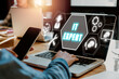 © Satori Studio - IT expert concept, Person hand typing keyboard computer with IT expert icon on virtual screen, Information Technology Advice or Services.