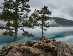Ghostly Midnight in the Polar October: A Tree Beside a River of Dewy Clouds and Pine Cones