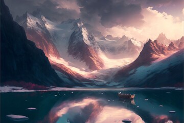 Sticker - Super cool snowy mountain scenery, boat