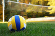Colorful ball on grass near volleyball court outdoors