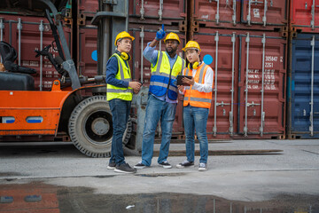 Poster - Engineer container cargo with foreman working and checking stock into container for loading,Logistic and business export.