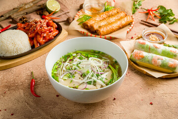 Canvas Print - Vietnamese soup Pho GA, fresh spring rolls Nem, fried spring rolls with pork and chicken with rice, vietnamese cuisine