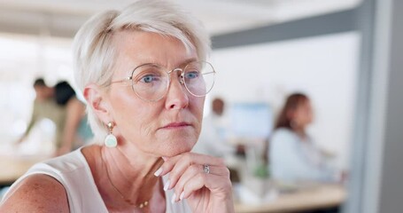 Poster - Elderly business woman, thinking and computer in design for marketing, advertising or strategy at office. Thoughtful senior female CEO contemplating corporate market idea or web design on desktop PC