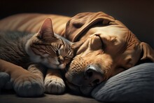 A Dog And A Cat Sleeping In A Cute And Caring Way, Showing Real Love Between The Pets