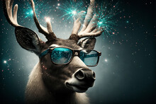 Funny Deer Celebrating With New Year's Eve Fireworks. Generative AI.