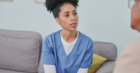 Poster - Nurse, patient and holding hands for healthcare consultation in office for cancer news, grief support or mental health care. Medical worker, consulting woman and empathy trust or communication