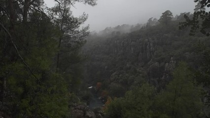 Wall Mural - River flowing through the valley in rain and fog