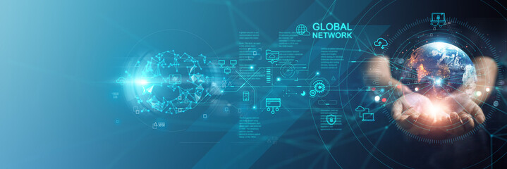Leinwandbilder - .Businessman holding global business network and data exchanges, Innovation of future generation technology, AI. Technology and data connection on Digital networking. Cloud computing.