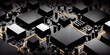 A sleek and modern technology background featuring a close-up of black computer chips on a black PCB board with gold circuitry, creating a high-tech and luxurious electronic aesthetic. Generative AI