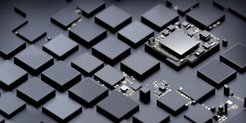 Poster - a technology background featuring a close-up of a single cpu unit with black computer chips on a bla