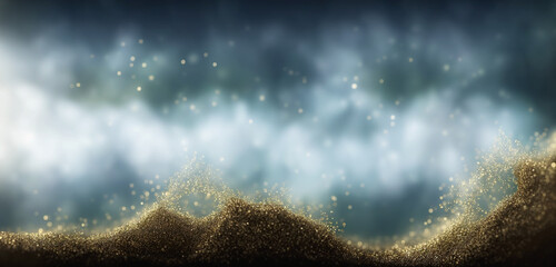Poster - an elegant abstract background with shimmering gold sand particles and a stunning blue bokeh effect,