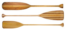 Three Traditional Wooden Canoe Paddles With Different Shape Of Blades, Transparent Background