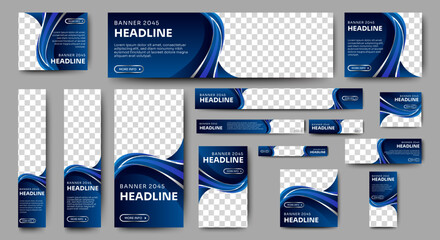 abstract banner design web template set, horizontal header web banner. modern gradient blue cover he