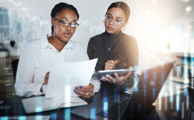 Aufkleber - Business women, tablet and stock market report, hologram and forex data analysis, growth or accounting. Female workers trading, documents and digital technology for fintech investment, erp or finance