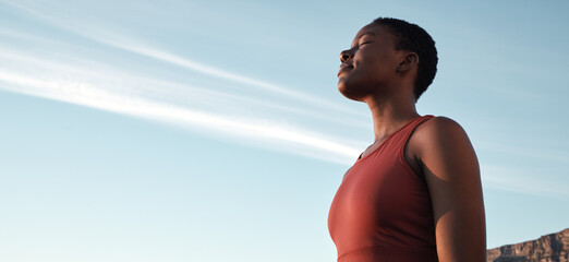 fitness, breath and mockup with a sports black woman taking a break outdoor against a clear blue sky