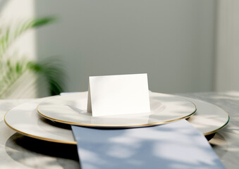 Mockup white blank space card, for Name place, Folded, greeting on wedding table setting background. with clipping path. 3d rendering