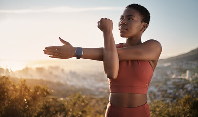 Poster - Exercise, fitness and black woman stretching arm outdoors for health and wellness. Thinking, sports training and female preparing, warm up and getting ready for cardio, workout or running at sunset.