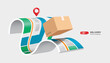 Parcel box or carton floats on map paper and has red pin located where parcel will be delivered to customer