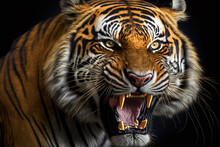 Close Up Portraits Of Roaring Bengal Tiger. Digital Artwork