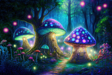 Fairy houses in fantasy forest with glowing mushrooms. Digital artwork