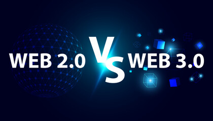 Poster - Abstract Web 2.0 Static Page Web Server or Browser and Web 3.0 Semantic Artificial Intelligence AI and Decentralized Comparison concept. On blue background. Futuristic, beautiful, modern