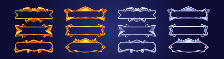 Poster - empty rectangle frames for game banners and buttons. silver and gold borders with swirls and fantasy