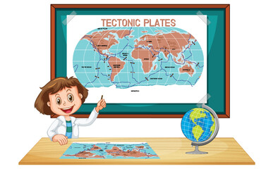 Wall Mural - student girl explaining tectonic plates