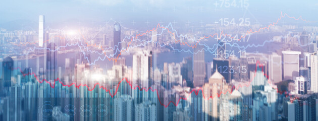 Wall Mural - Double exposure Financial graphs and diagrams. Business, economics and investment concept on modern city background
