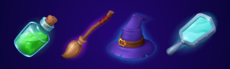 Aufkleber - Witch accessories set isolated on dark background. Cartoon vector illustration of magic green potion in bottle, flying broomstick, wizard hat and enchanted mirror. Collection of fantasy game props