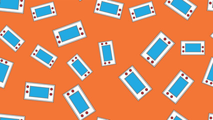 Poster - Seamless pattern endless with handheld game consoles, electronic toys old retro vintage hipster from 70s, 80s, 90s isolated on yellow background. Vector illustration
